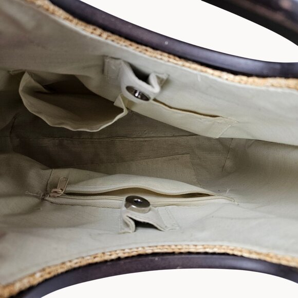 Wicker Wood Handled Handbag Boho Cottagecore Inner Pockets Beach Vacation Trip - Picture 4 of 16